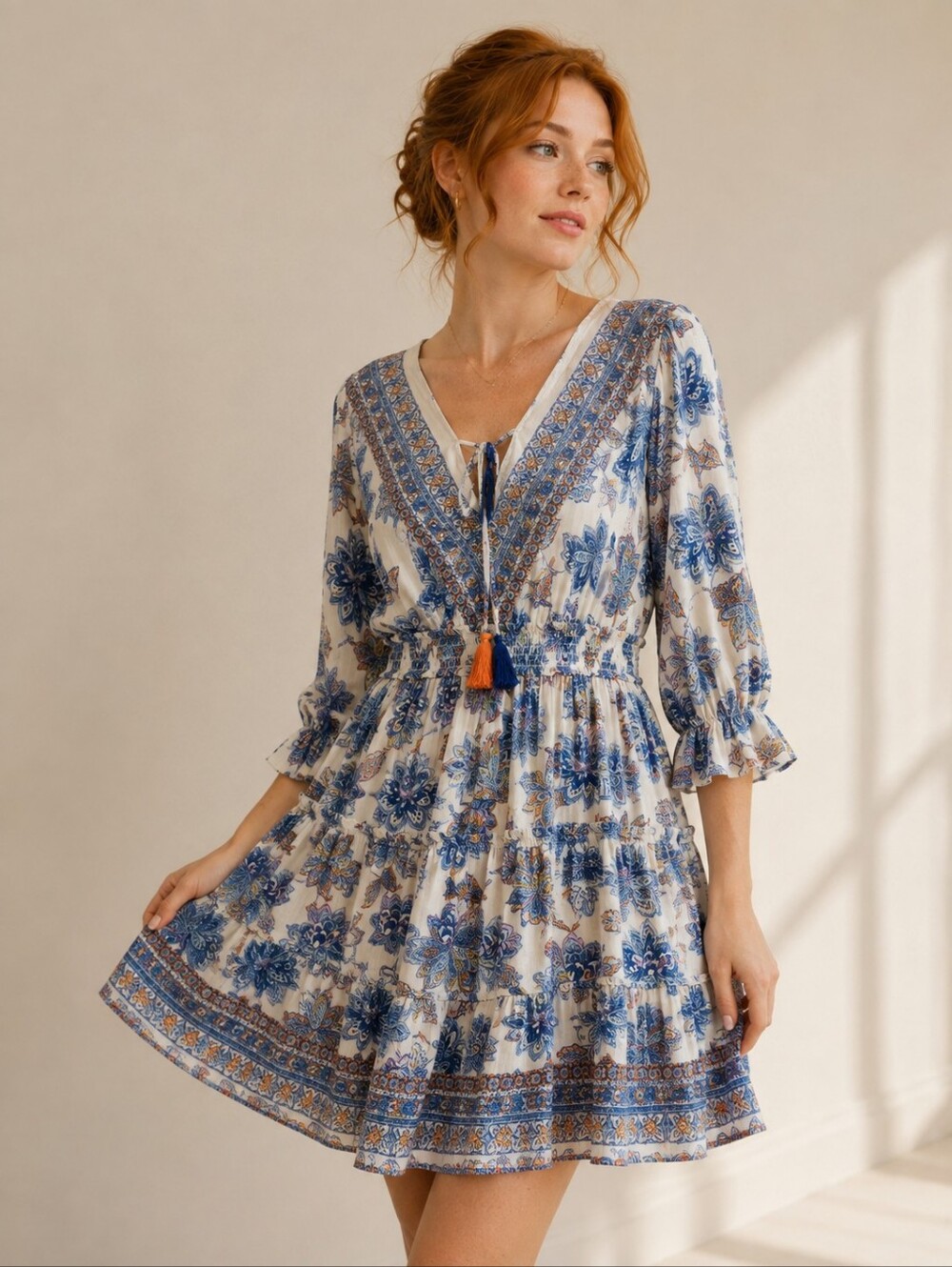 ANGIE White Mini Dress with Blue Floral Print and Orange Tassel- 100% Rayon